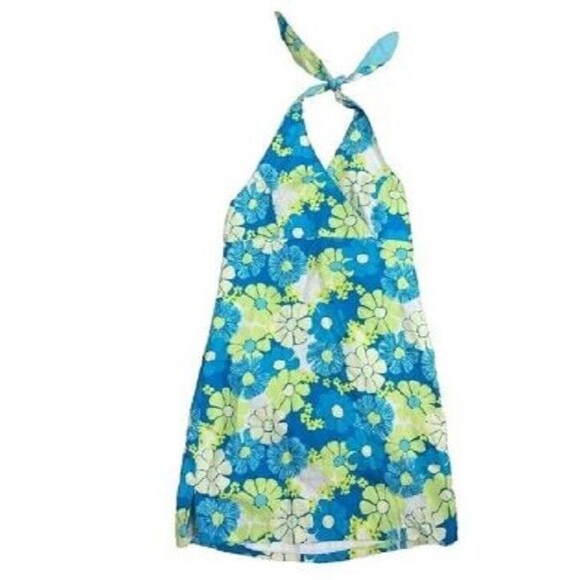 Lilly Pulitzer Girls Halter Dress Vintage White Label Blue Tropical Floral Sz 12 - Picture 2 of 5